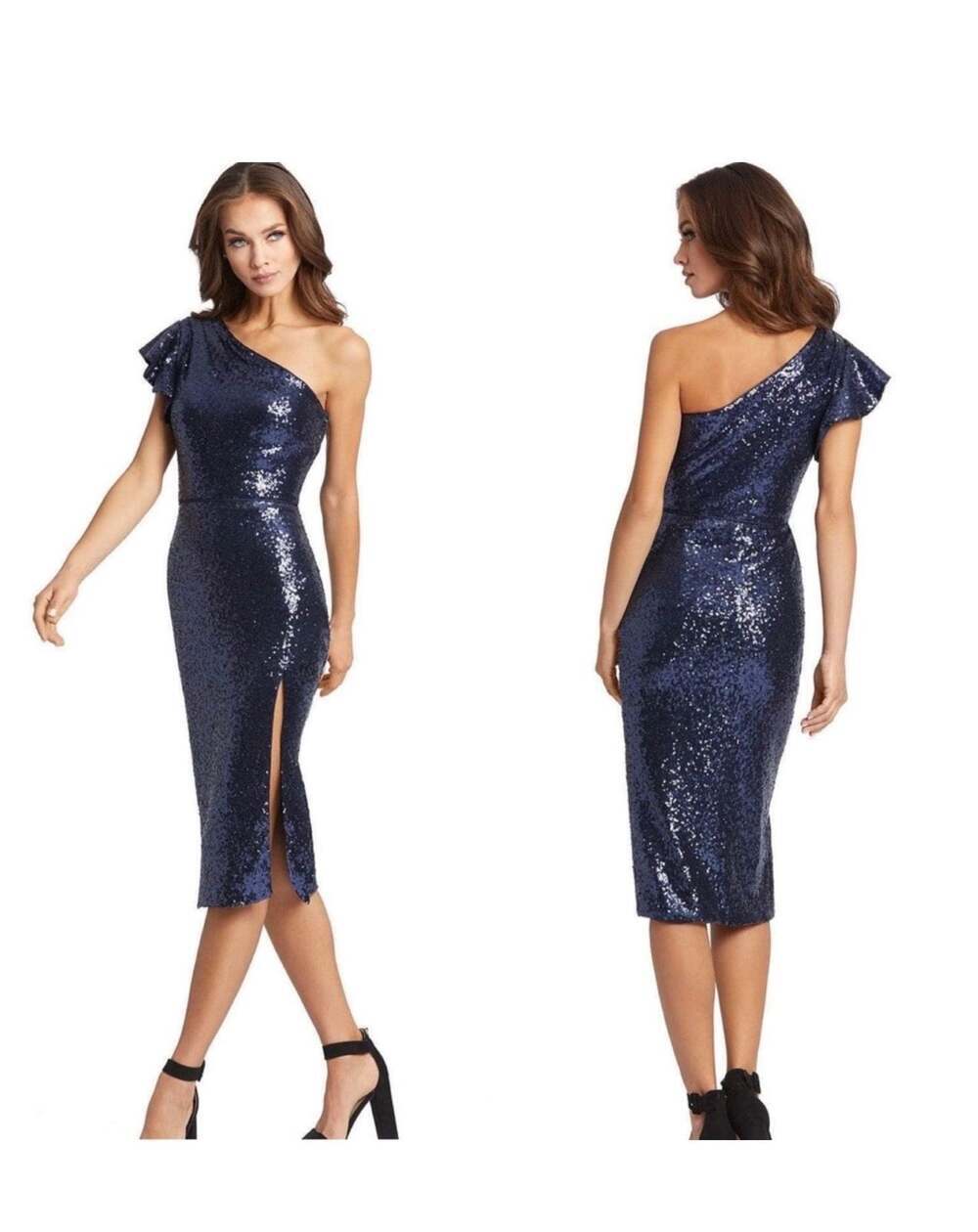 Mac Duggal Midnight Sequin One-Shoulder Ruffle Gown Size 6 Style code 70162